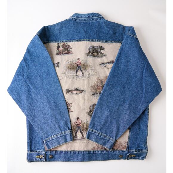Custom VTG E.B.D Blue Pointe Denim Jacket Mens 3XL Tapestry Back Fishing Hunting